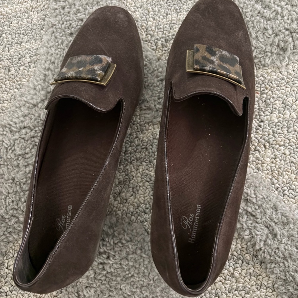 Brown Suede Slip-On Loafers with Leopard Accent Sz 9 Genuine